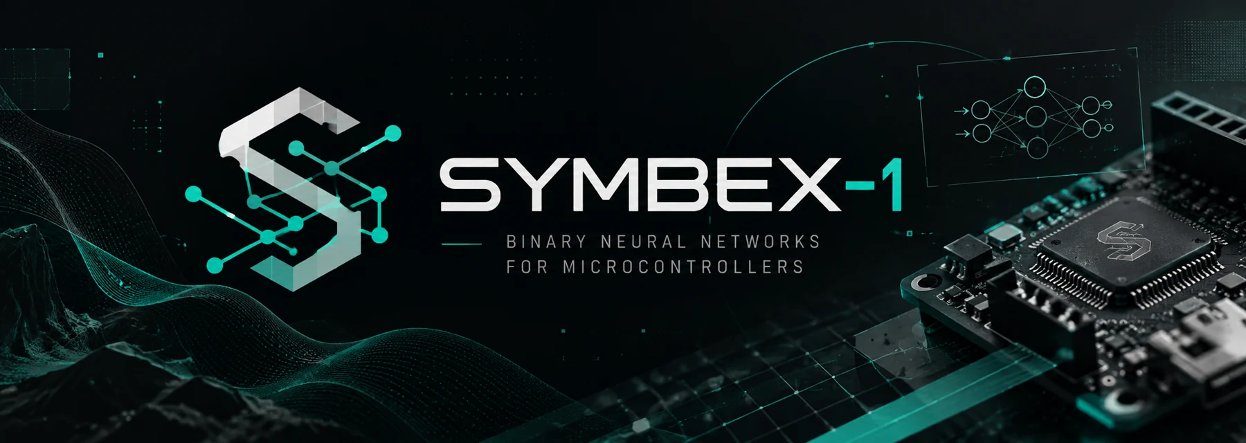 SYMBEX-1 embedded AI identity, with a faceted neural S and a microcontroller on a circuit board